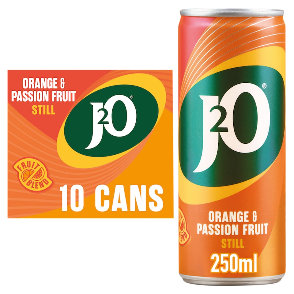 J2O Orange & Passionfruit Drink 10x250ml Cans Refreshing Summer Juice