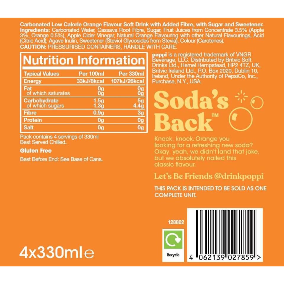 Poppi Orange Soda Cans 4x330ml Bright Citrus Sparkling Refreshment