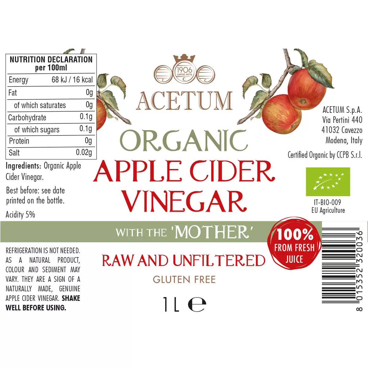 Acetum Organic Apple Cider Vinegar, 2 x 1L