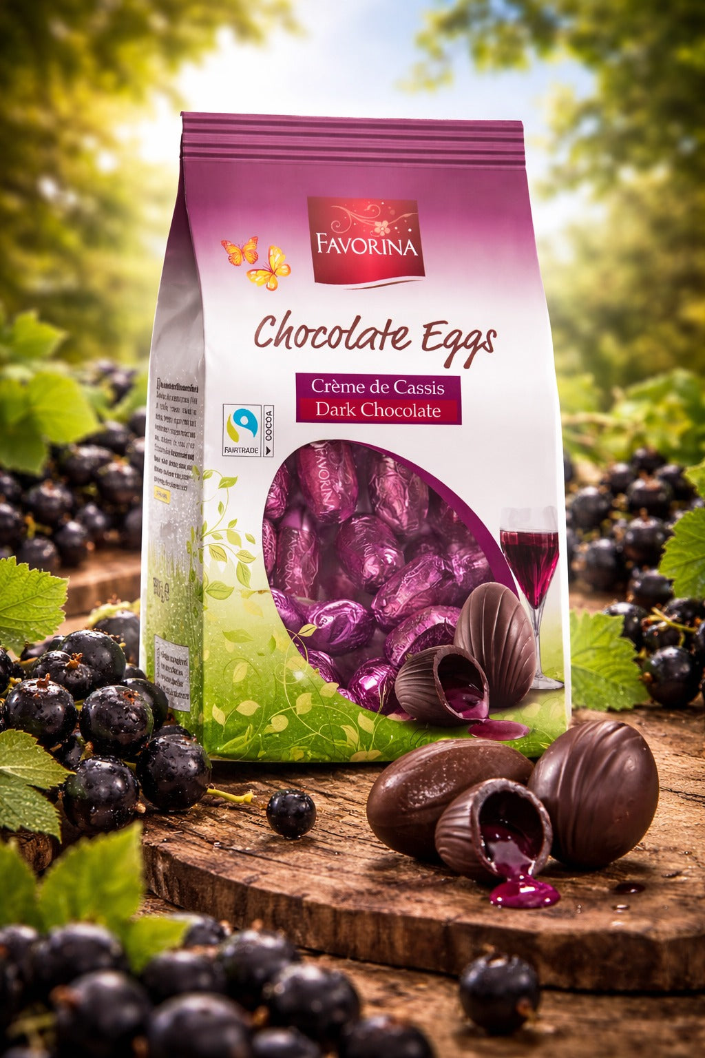 Favorina Crème de Cassis Dark Chocolate Eggs 150g Summer Indulgence