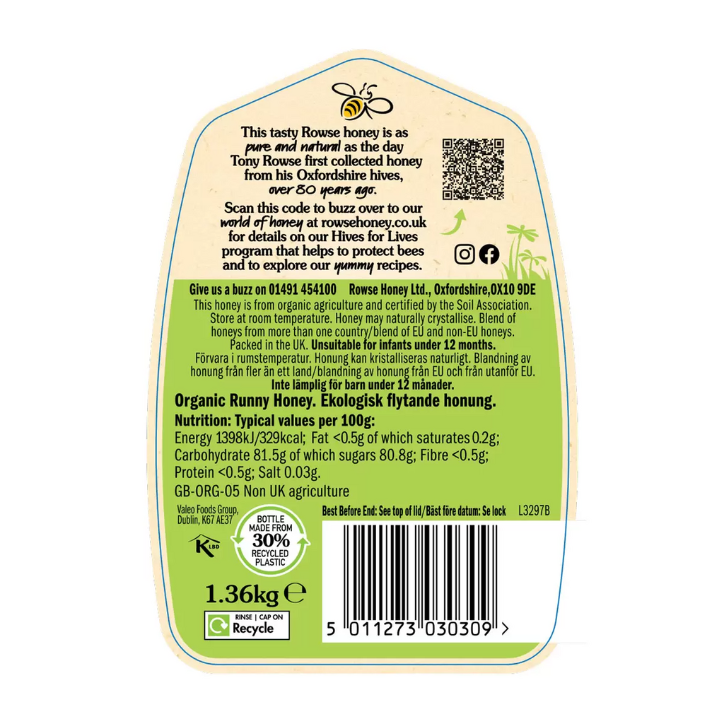 Rowse Organic Honey 1.36 kg – 100% Pure & Natural Organic Honey | Medium Amber, Fruity Flavour