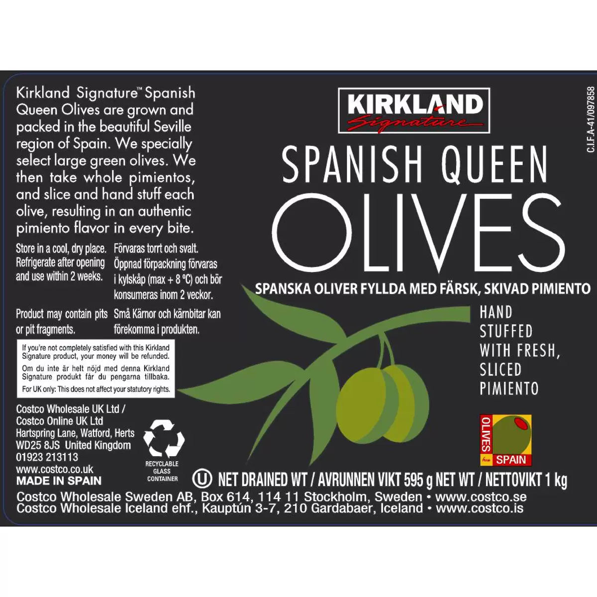 Kirkland Signature Spanish Queen Pimiento Stuffed Olives, 595g