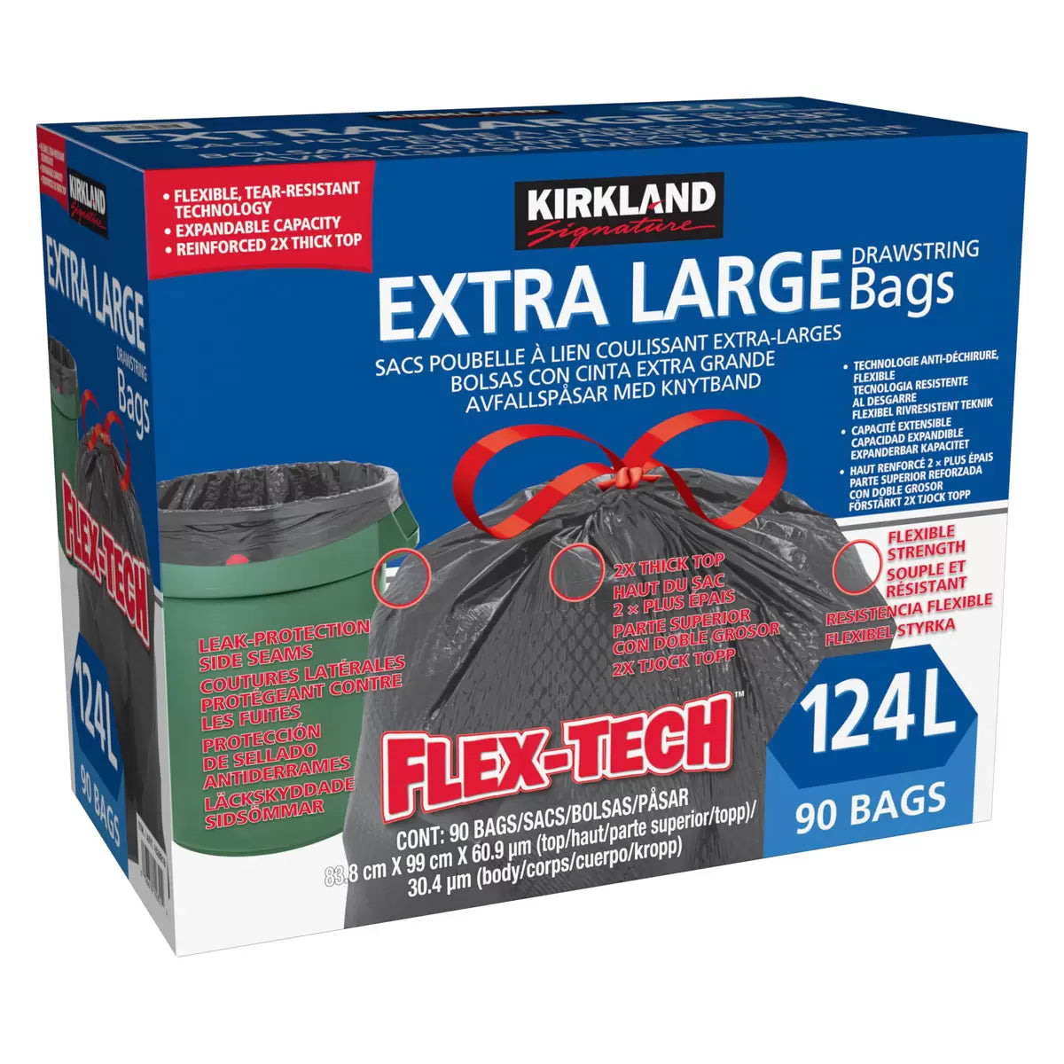 Kirkland Signature 124 Litre Flex-Tech Bin Bags, 90 Pack