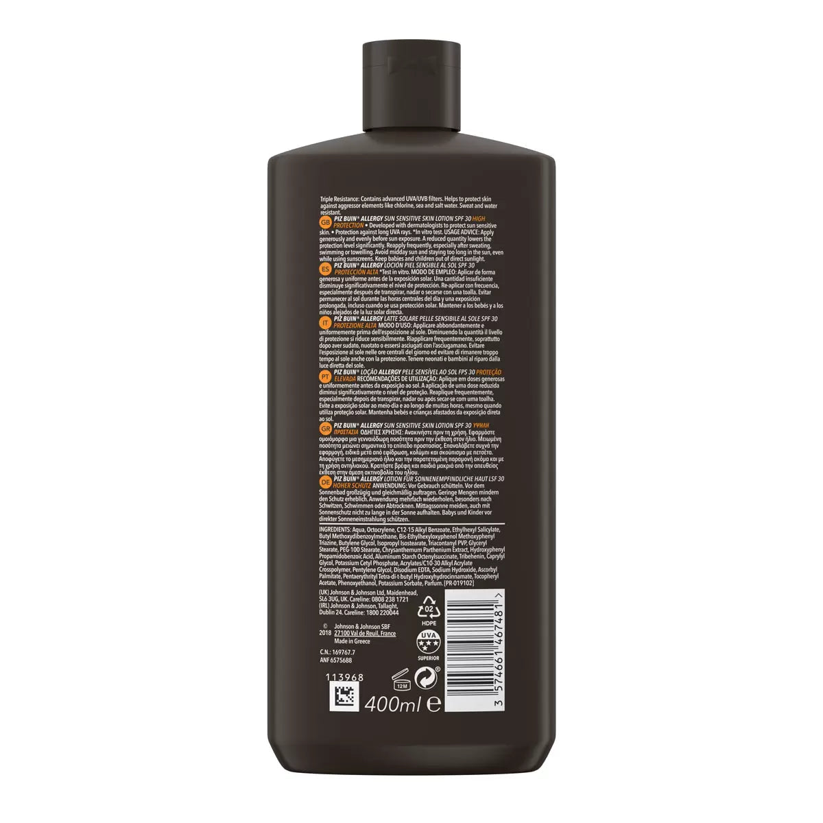 Piz Buin SPF 30 Allergy Suncare Skin Lotion, 2 x 400ml