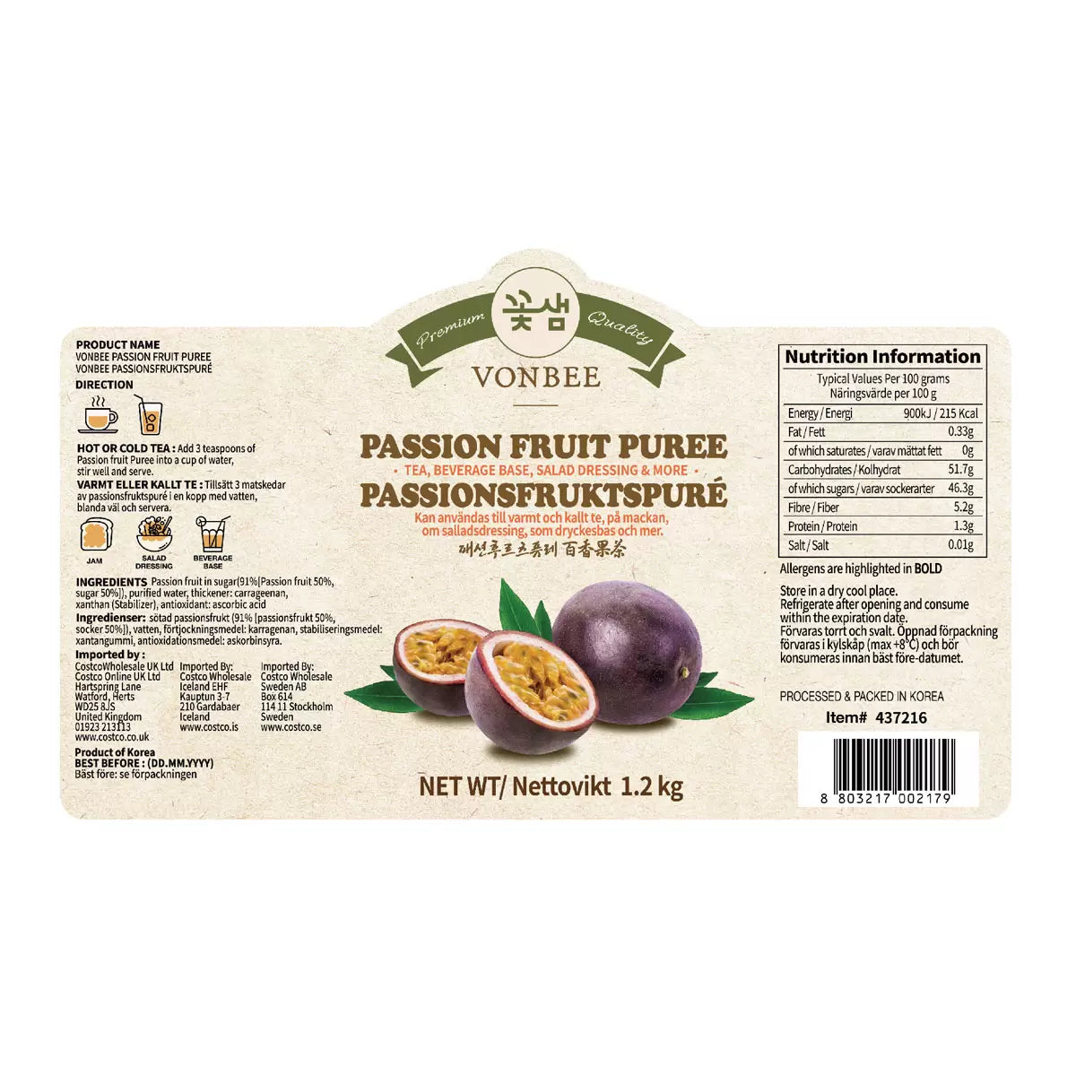 Vonbee Passionfruit Puree, 1.2kg