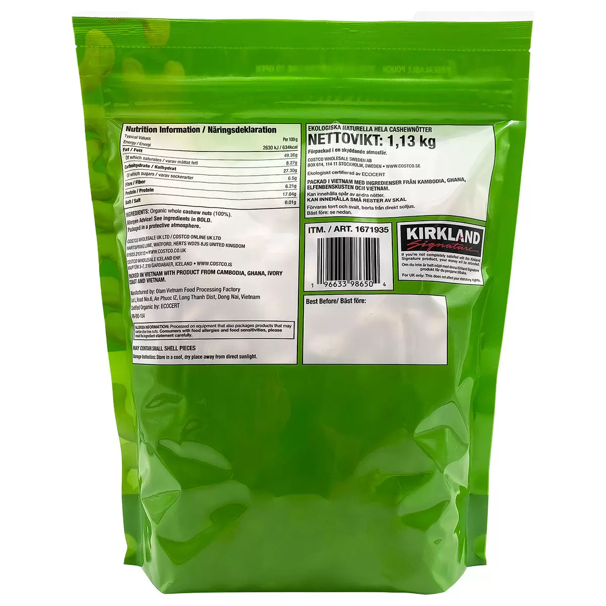 Kirkland Signature Organic Whole Cashews 1.13kg – Unsalted & Unroasted