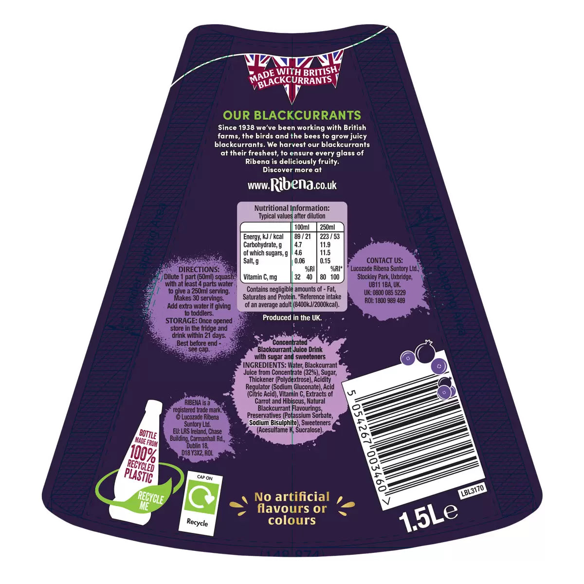 Ribena Blackcurrant Squash, 3 x 1.5L