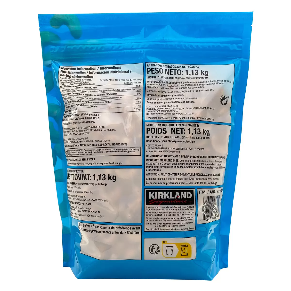 Kirkland Signature Fancy Whole Unsalted Cashews - 1.13kg