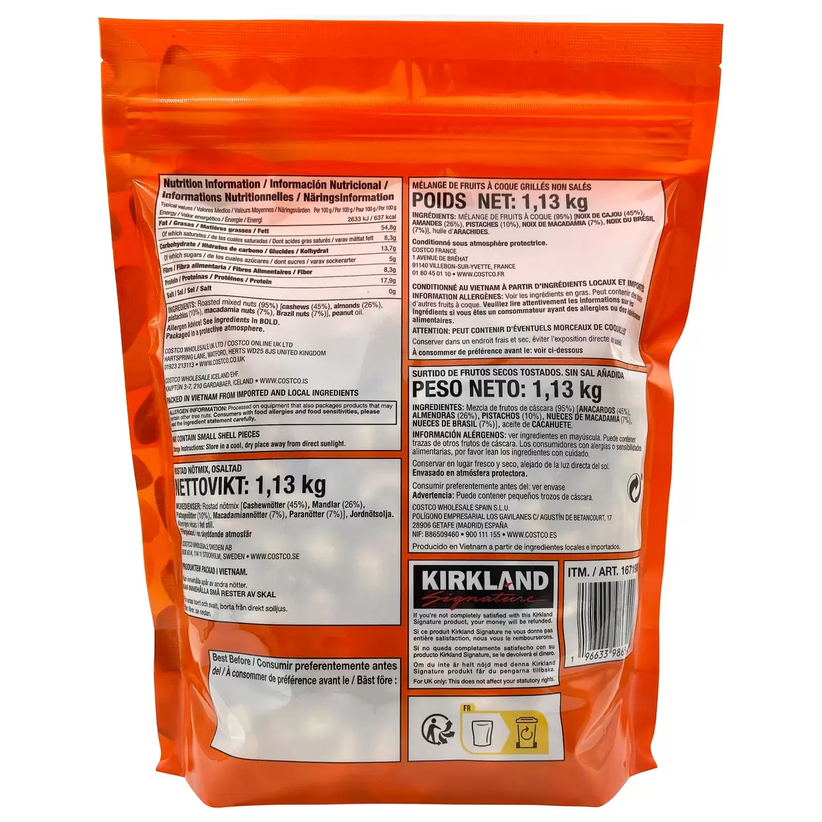 Kirkland Signature Unsalted Mixed Nuts, 1.13kg