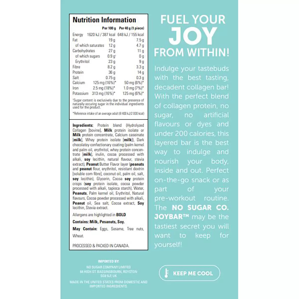 No Sugar Company Joy Bar Chocolate & Peanut Butter Collagen Bar, 12 x 40g