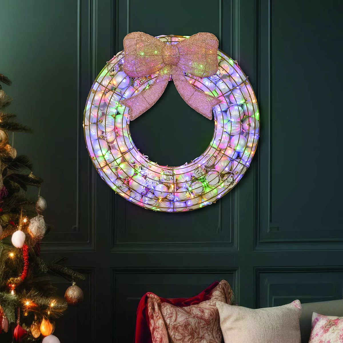 24 Inch Ornament Wreath With LED Lights GOLD