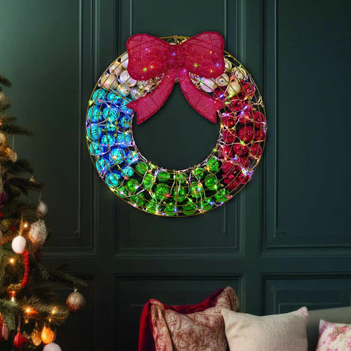 24 Inch Ornament Wreath With LED Lights RED