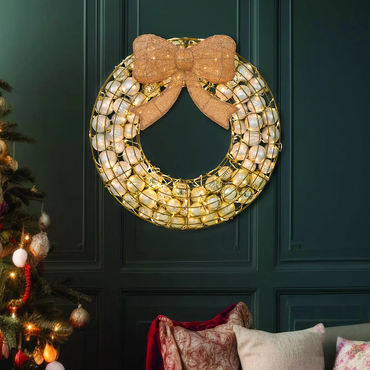 24 Inch Ornament Wreath With LED Lights GOLD