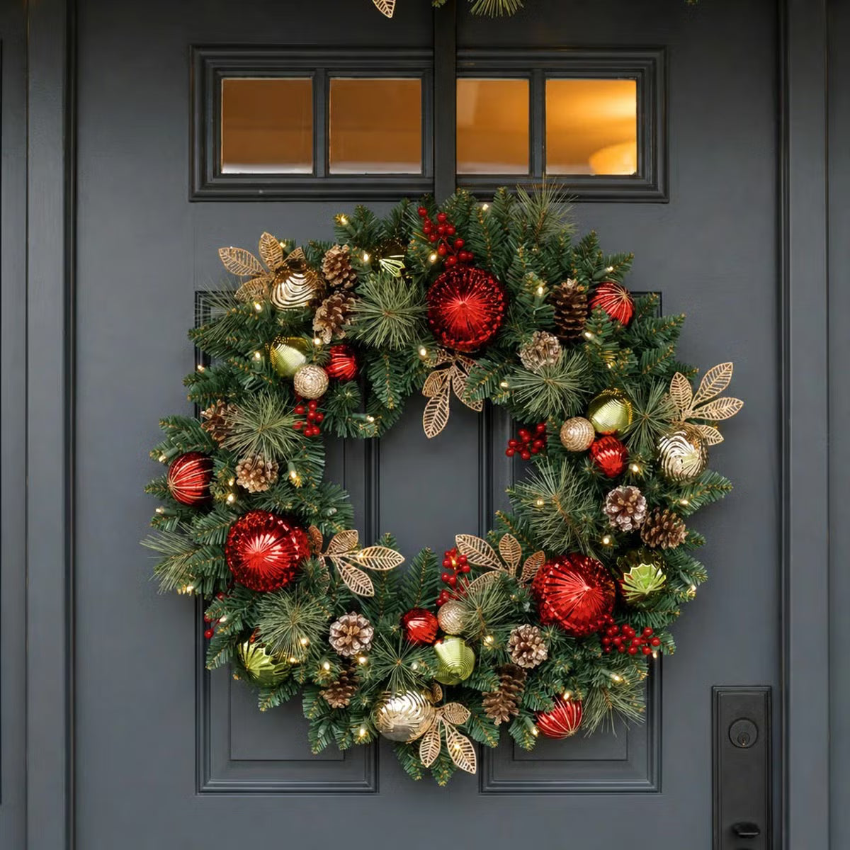 30 inch (76cm) Pre-Lit Decorated Wreath with 50 LED Lights in Red