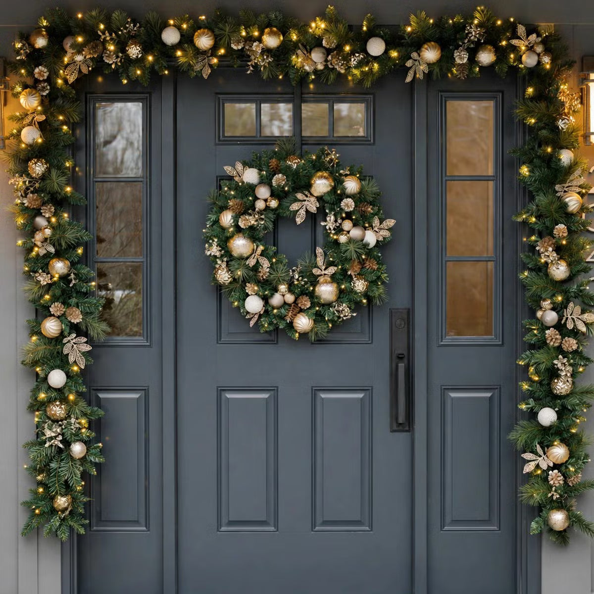30 inch (76cm) Pre-Lit Decorated Wreath with 50 LED Lights in Metallic