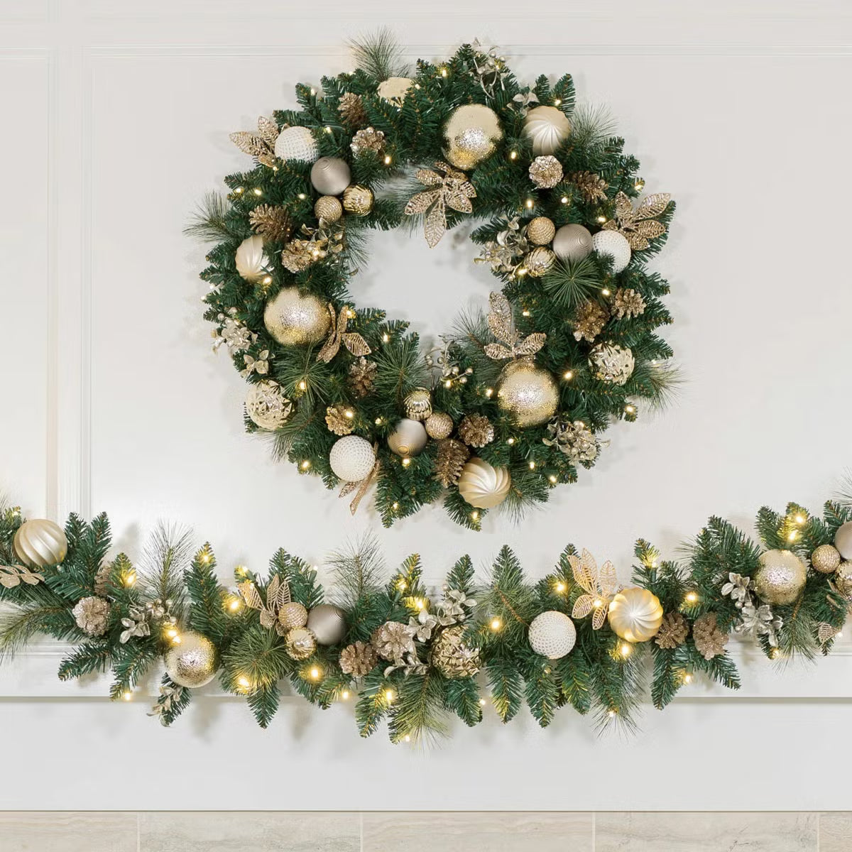 30 inch (76cm) Pre-Lit Decorated Wreath with 50 LED Lights in Metallic