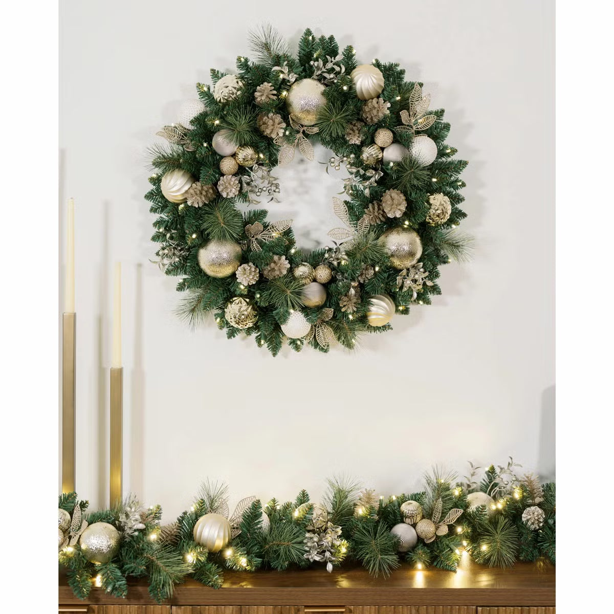 30 inch (76cm) Pre-Lit Decorated Wreath with 50 LED Lights in Metallic