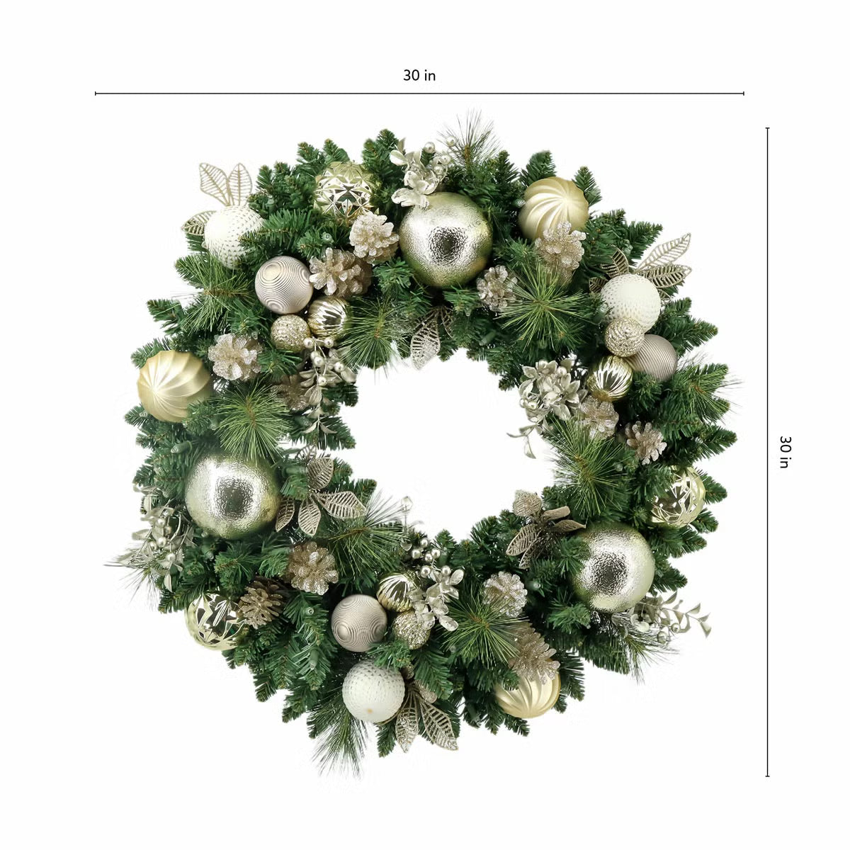 30 inch (76cm) Pre-Lit Decorated Wreath with 50 LED Lights in Metallic