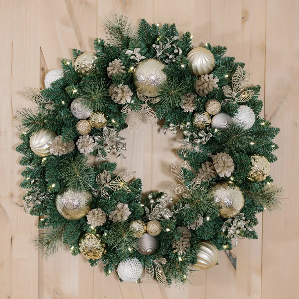 30 inch (76cm) Pre-Lit Decorated Wreath with 50 LED Lights in Metallic