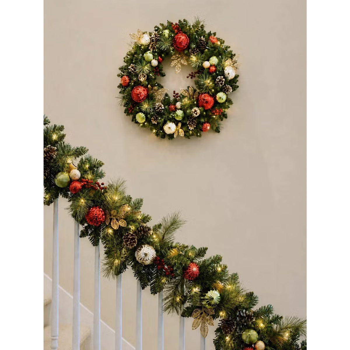 30 inch (76cm) Pre-Lit Decorated Wreath with 50 LED Lights in Red