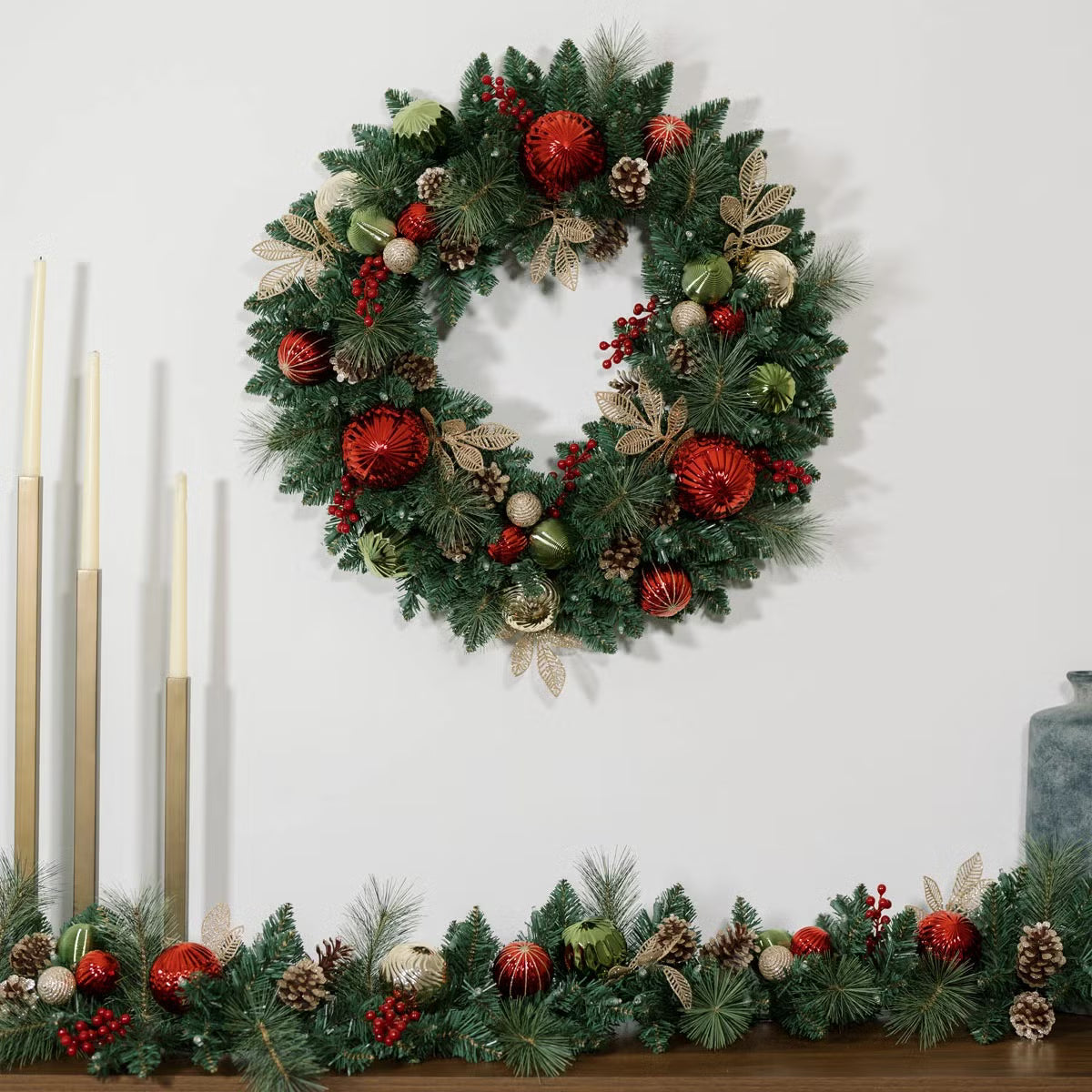 30 inch (76cm) Pre-Lit Decorated Wreath with 50 LED Lights in Red