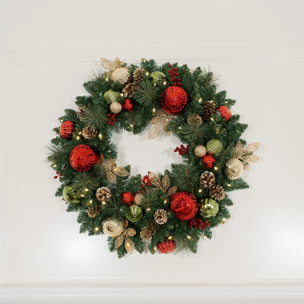 30 inch (76cm) Pre-Lit Decorated Wreath with 50 LED Lights in Red