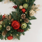 30 inch (76cm) Pre-Lit Decorated Wreath with 50 LED Lights in Red