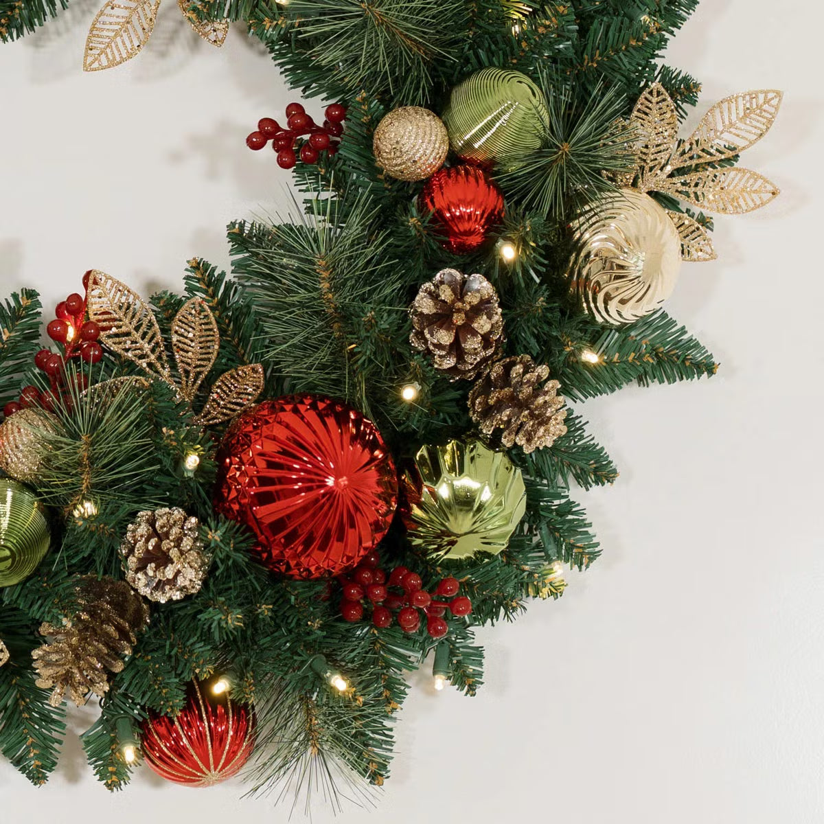 30 inch (76cm) Pre-Lit Decorated Wreath with 50 LED Lights in Red