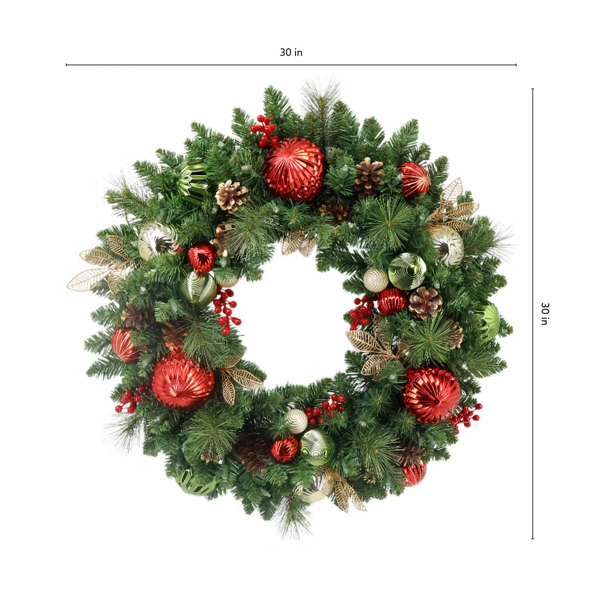 30 inch (76cm) Pre-Lit Decorated Wreath with 50 LED Lights in Red