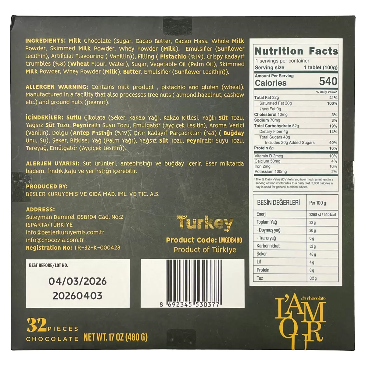 L’amour Du Chocolate Dubai Style Pistachio Chocolate 500g – 32 Pieces Luxury Turkish Chocolate