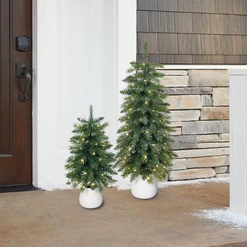 3ft (90cm) Silver Glitter Potted Trees with LED Lights- Set of 2