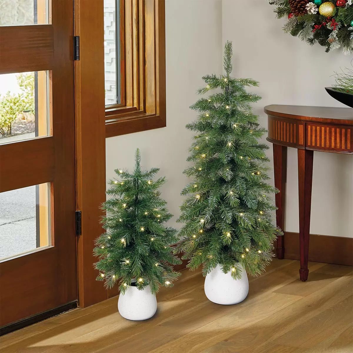 3ft (90cm) Silver Glitter Potted Trees with LED Lights- Set of 2