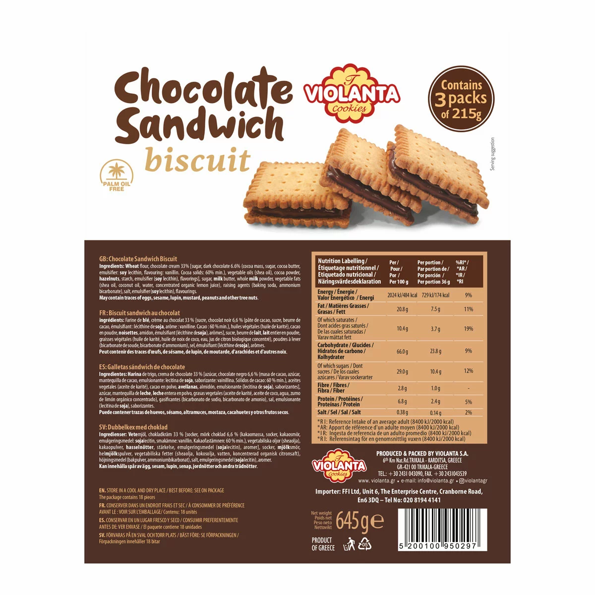 Violanta Chocolate Sandwich Biscuits 645 g – Cream-Filled Cocoa Biscuits
