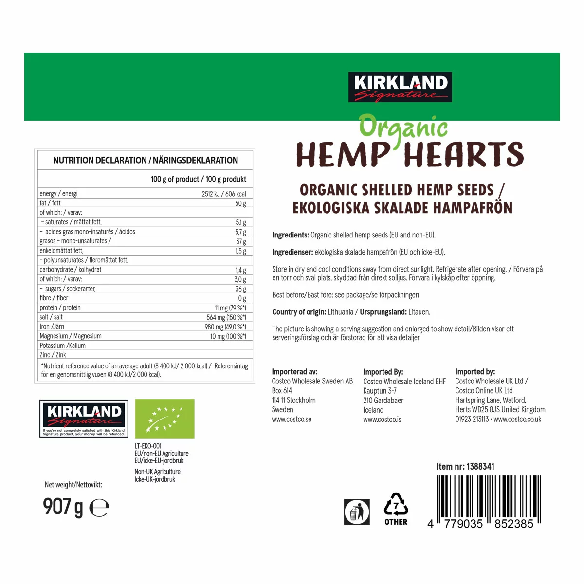 Kirkland Signature Organic Hemp Hearts – 907g | Premium Organic Shelled Hemp Seeds for Baking, Smoothies & Salads