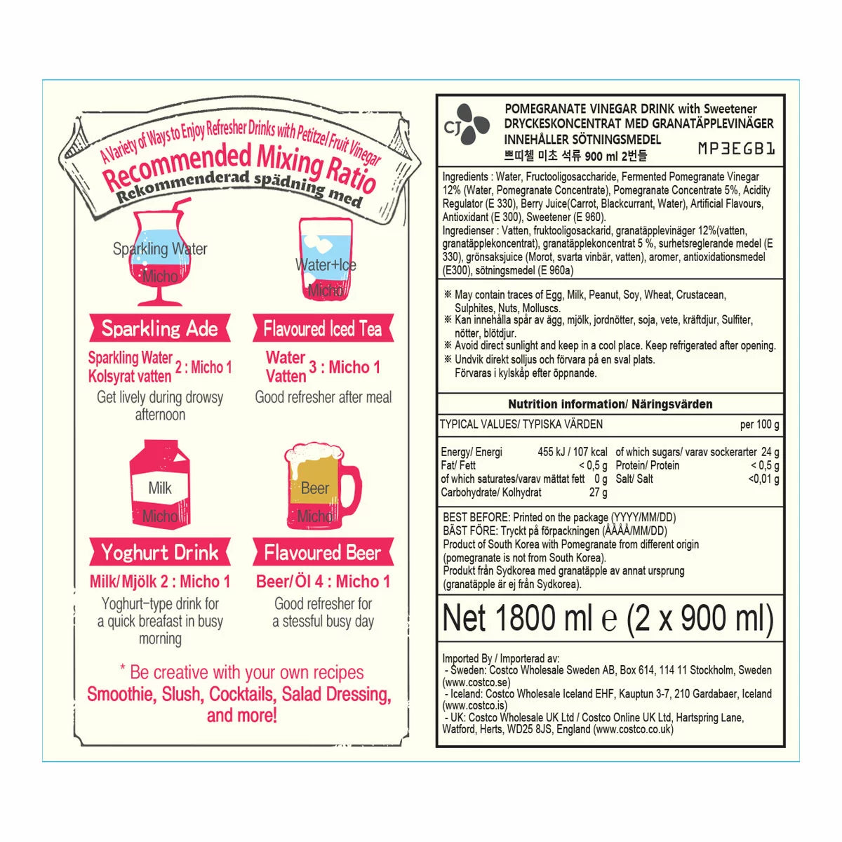 Micho Pomegranate Vinegar Drink, 2 x 900ml