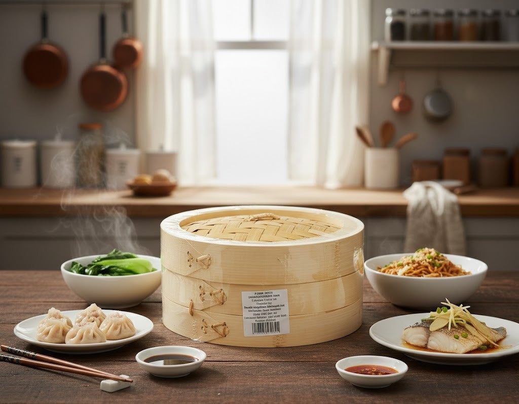 Bamboo Steamer 8 Inch – 1 Basket with Lid for Dumplings & Dim Sum