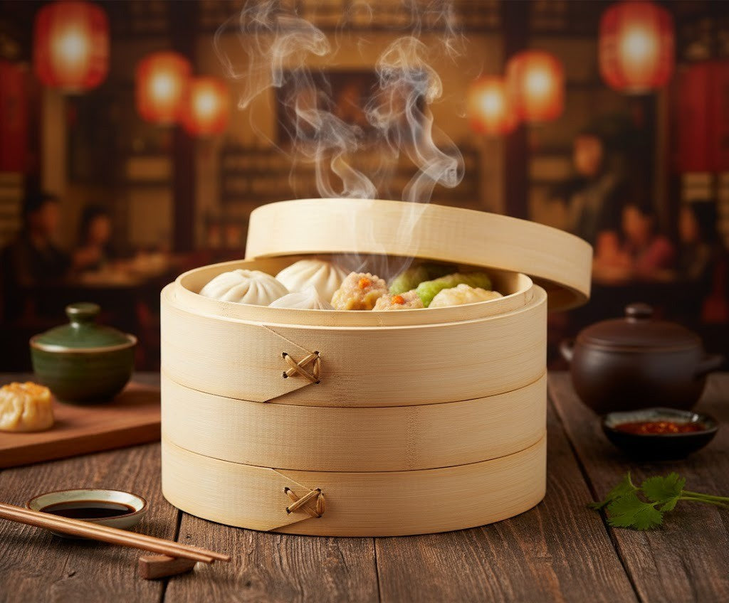 Bamboo Steamer 6 Inch – 1 Basket with Lid for Dumplings & Dim Sum