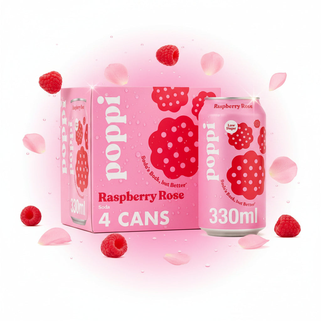 Poppi Raspberry & Rose Soda Cans 4x330ml Floral Fruity Sparkling Drink