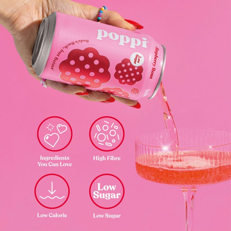 Poppi Raspberry & Rose Soda Cans 4x330ml Floral Fruity Sparkling Drink