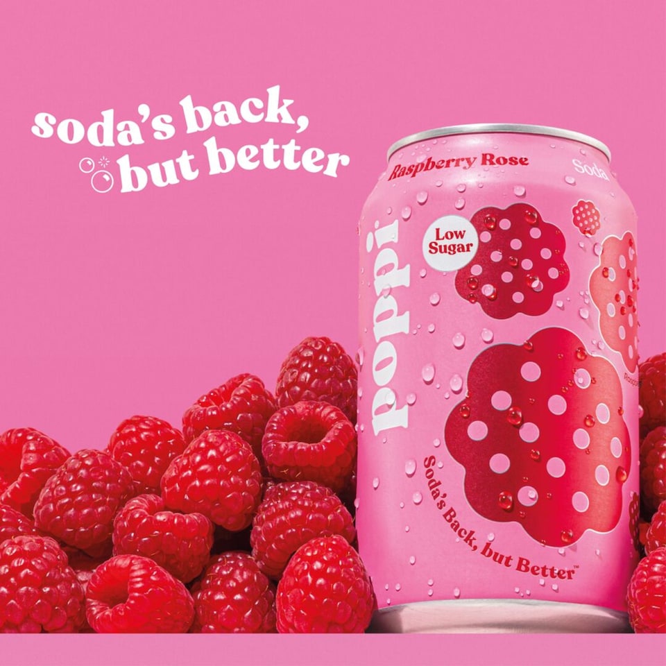 Poppi Raspberry & Rose Soda Cans 4x330ml Floral Fruity Sparkling Drink