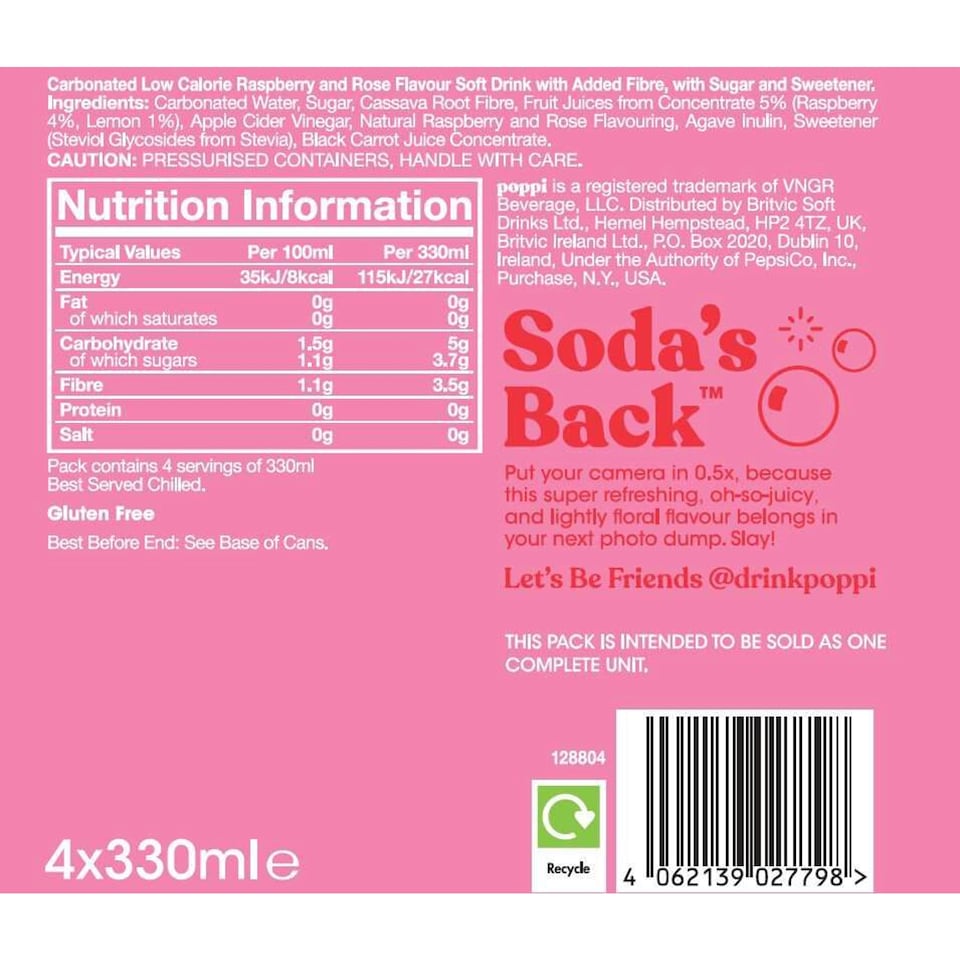 Poppi Raspberry & Rose Soda Cans 4x330ml Floral Fruity Sparkling Drink