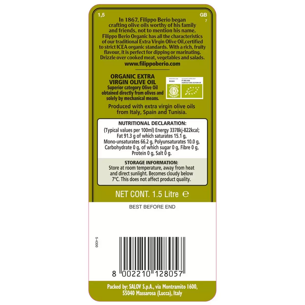 Filippo Berio Organic Extra Virgin Olive Oil – 1.5 L