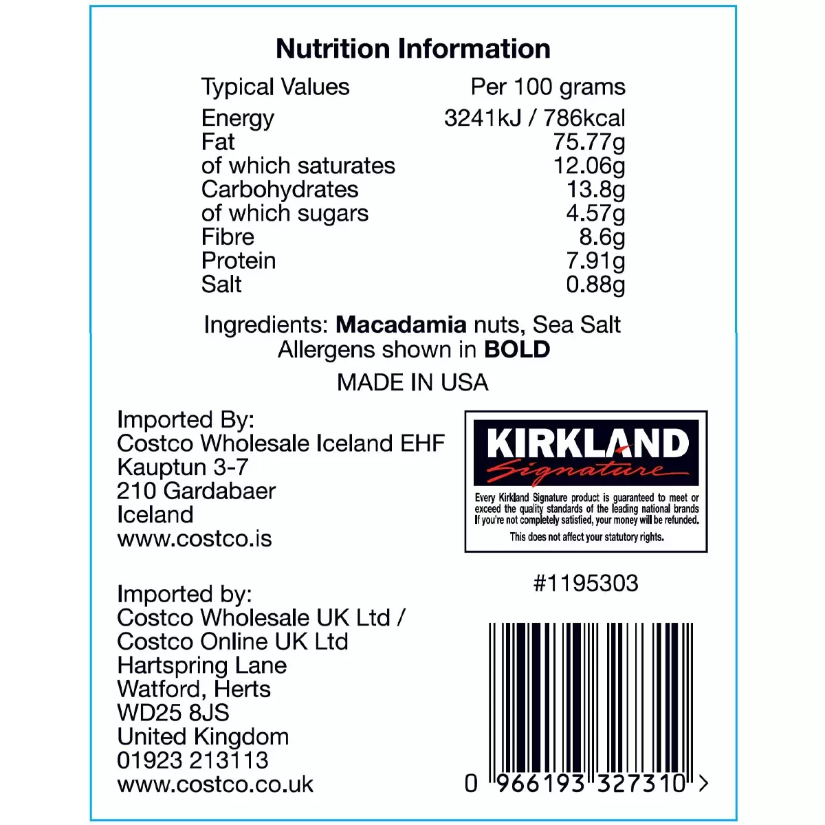 Kirkland Signature Dry Roasted Macadamia Nuts with Sea Salt 680g