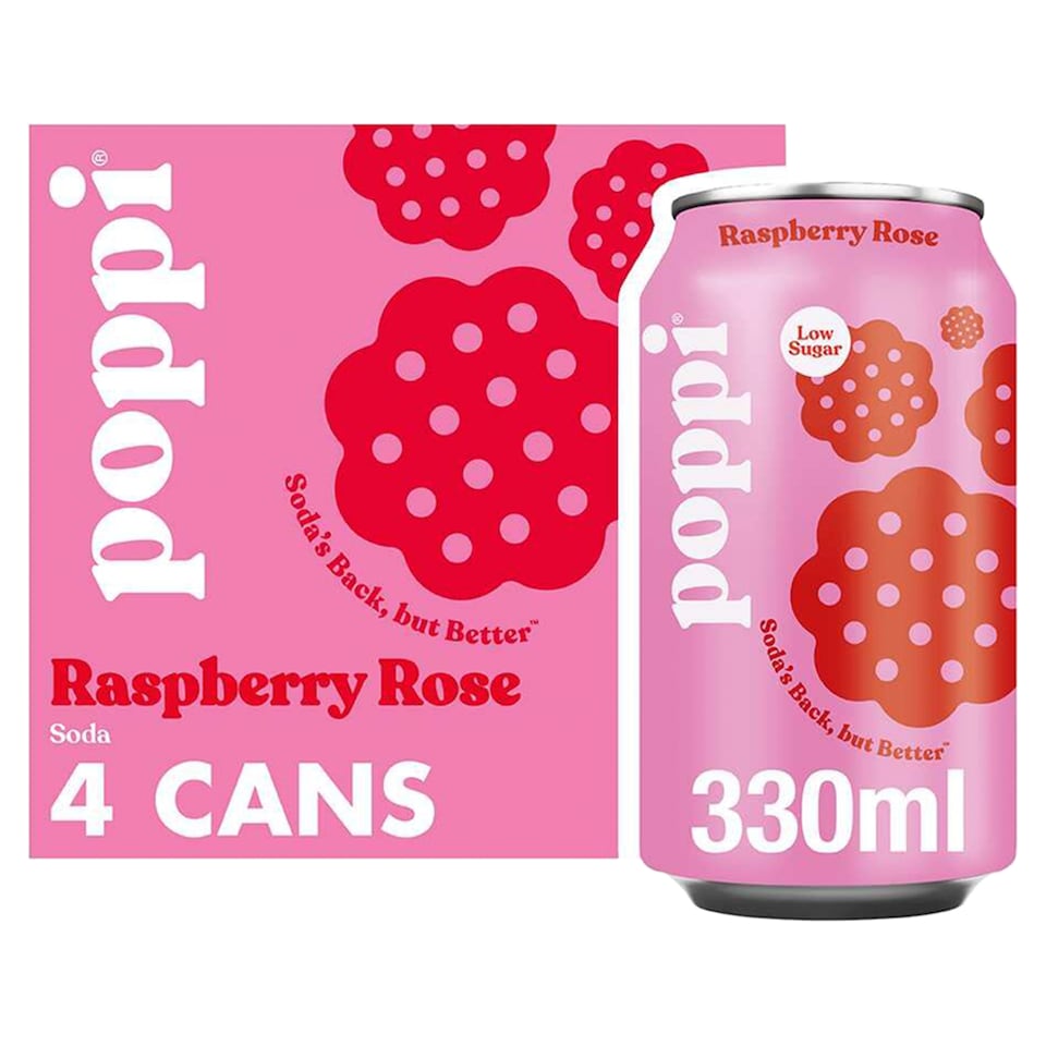 Poppi Raspberry & Rose Soda Cans 4x330ml Floral Fruity Sparkling Drink