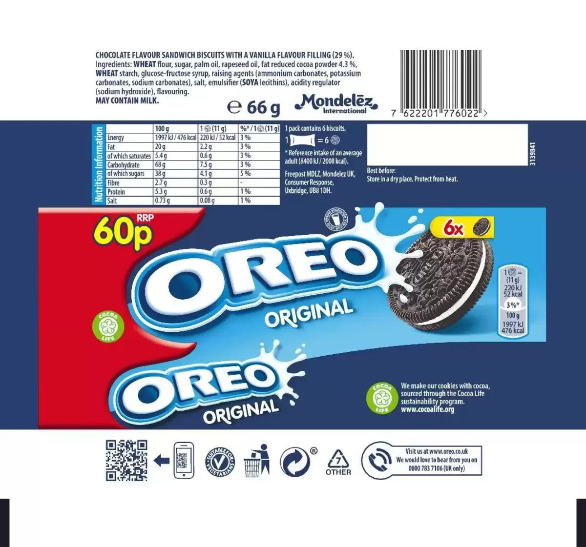 Oreo Original Sandwich Biscuit Snack Pack 20 x 66g Chocolate Cream Biscuits