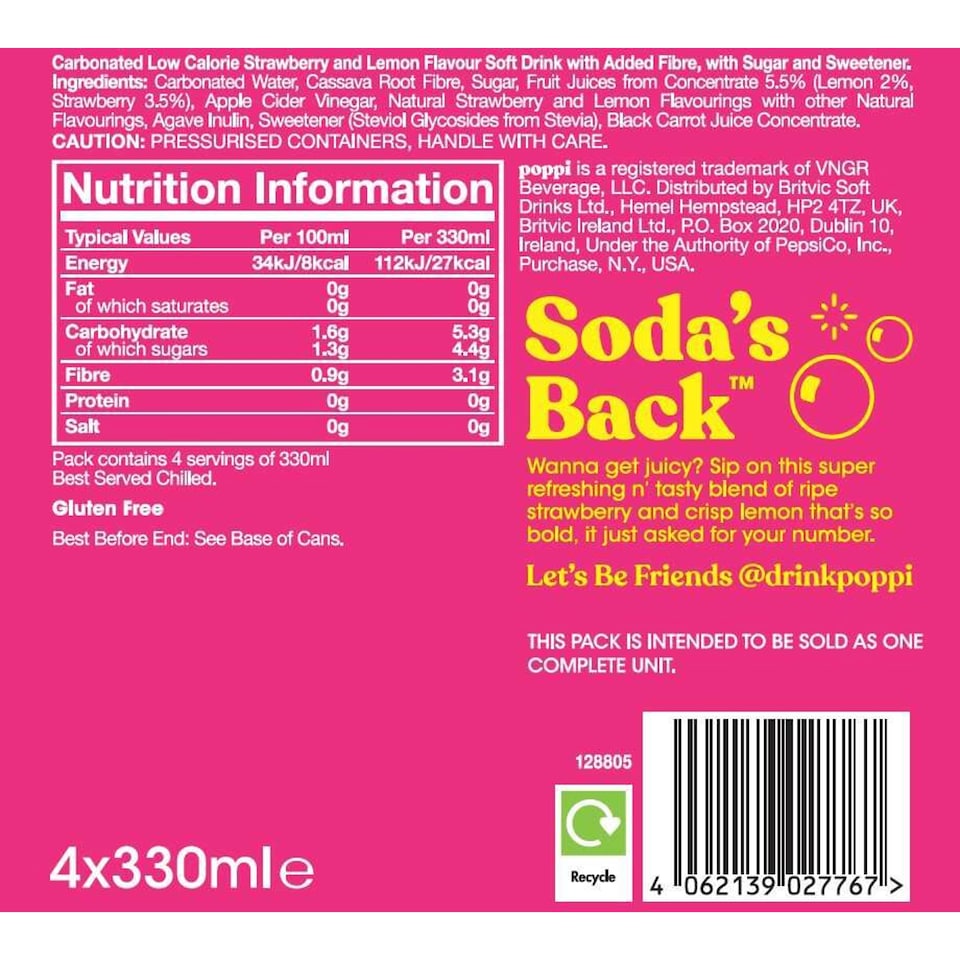 Poppi Strawberry & Lemon Soda Cans 4x330ml Fruity Citrus Sparkling Drink