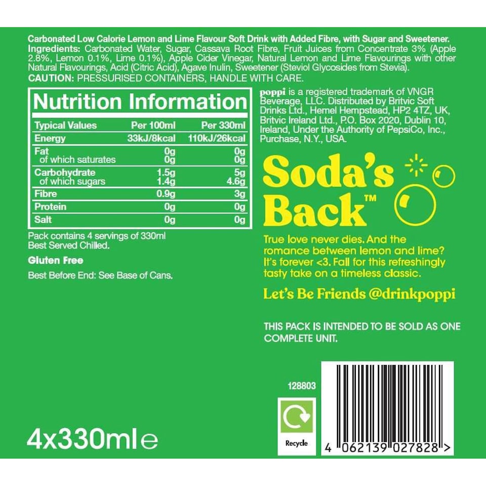 Poppi Lemon & Lime Soda Cans 4x330ml Citrus Sparkling Refreshment