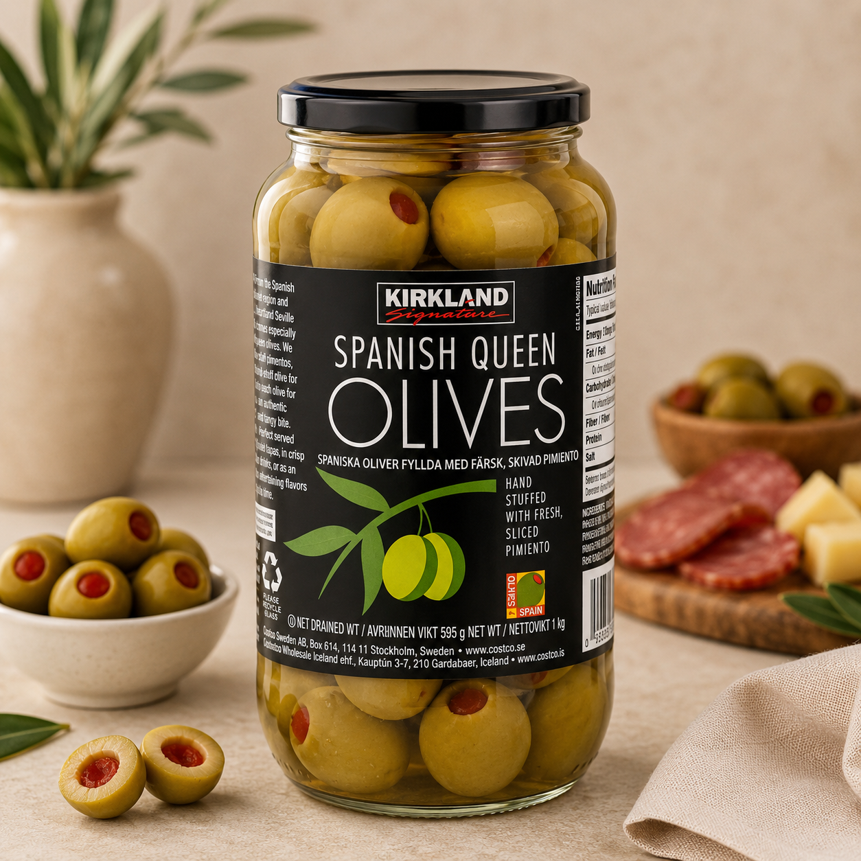 Kirkland Signature Spanish Queen Pimiento Stuffed Olives, 595g