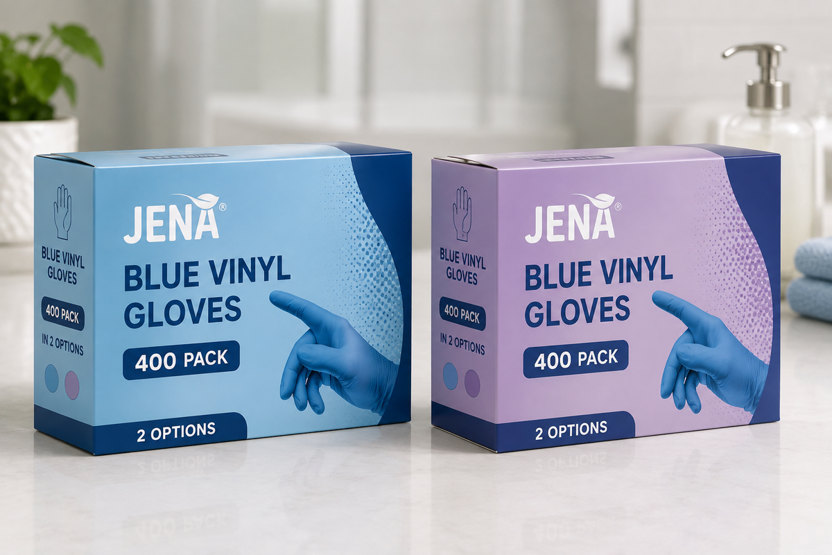Jena Blue Vinyl Gloves, 400 Pack in 2 Options