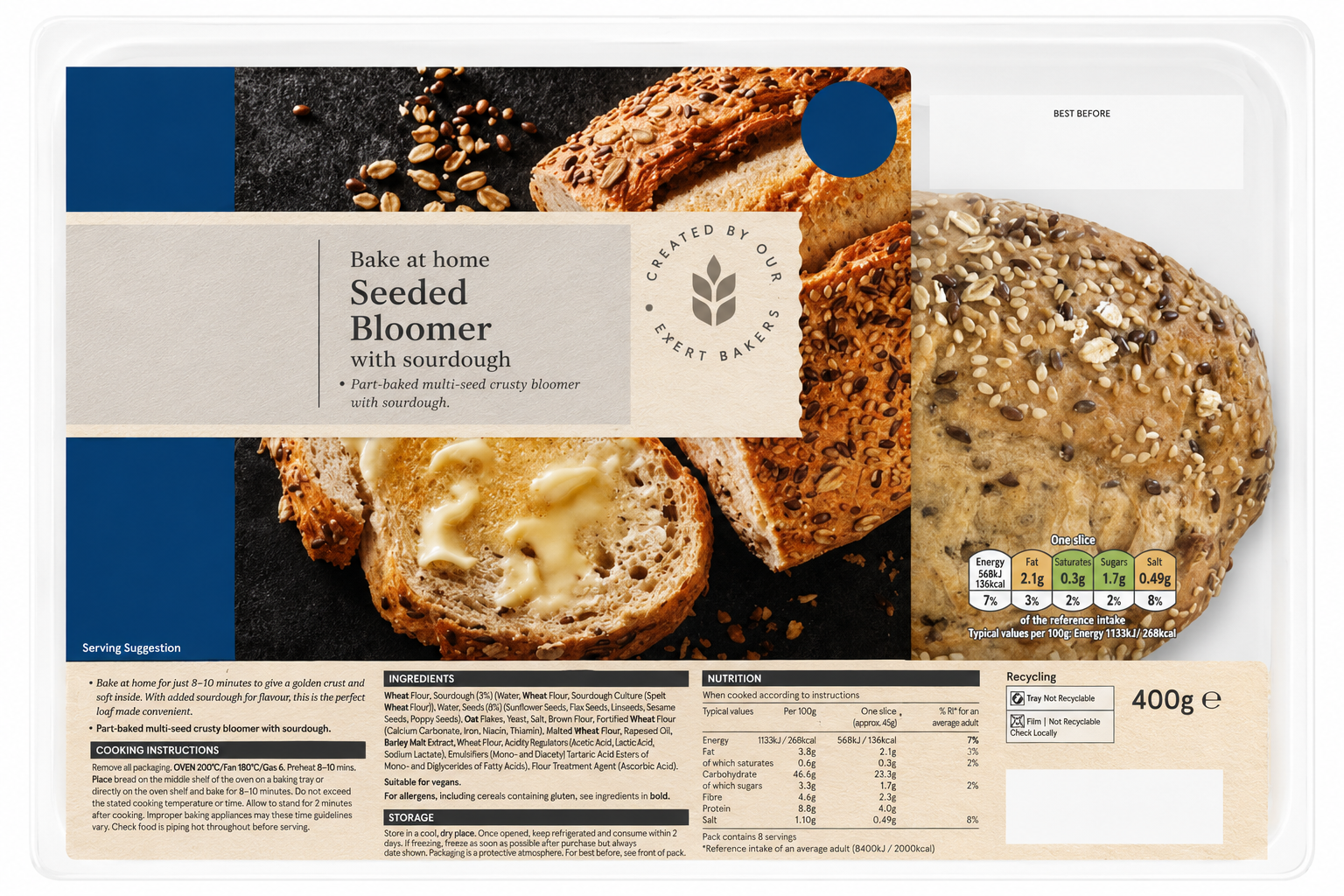 Bake at home seeded bloomer with sourdough 400g